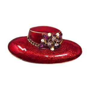 Hat Brooch Pin Red Enamel Gold Tone Rhinestones Red Hat Society